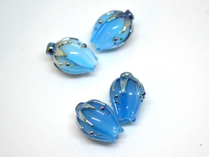 Handmade glass sky blue flower beads|Light Blue Silver|Glass pendant|Flower bud bead|Floral lampwork|Something blue|Wedding jewelry making