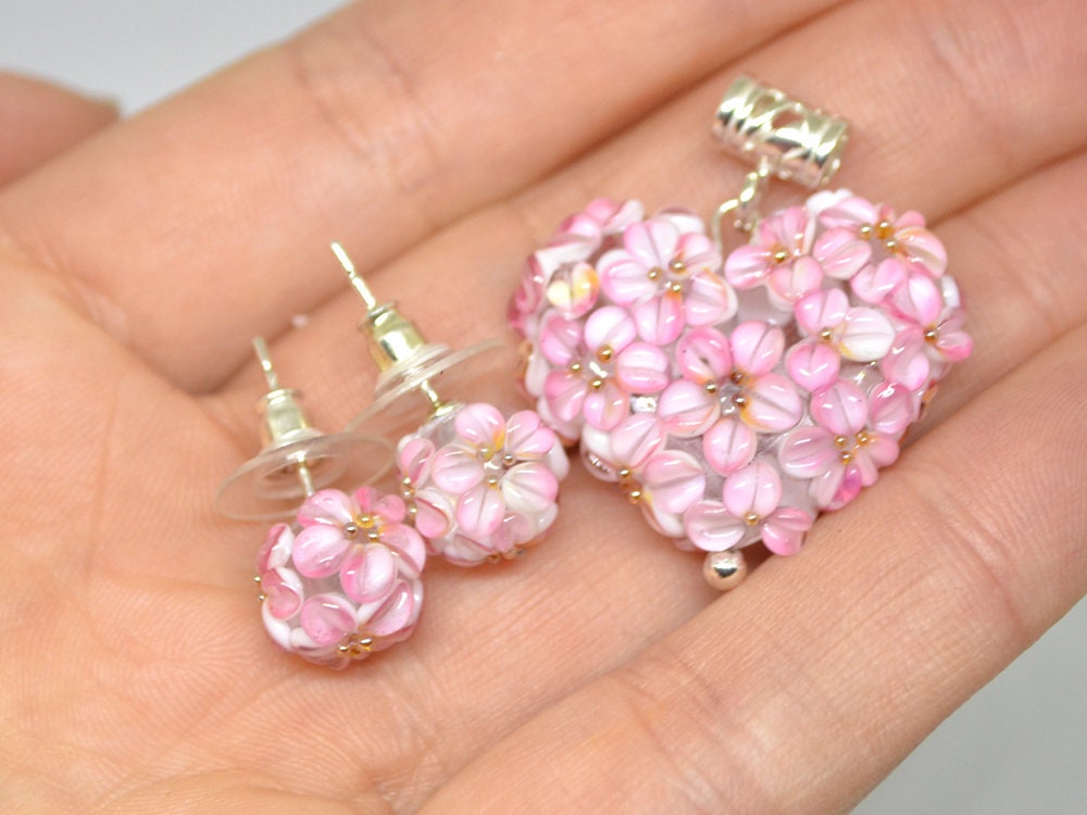pink flower beads earring half-drilled beads floral set of beads for stud earring jewelry making set handmade jewelry glass floral pendant