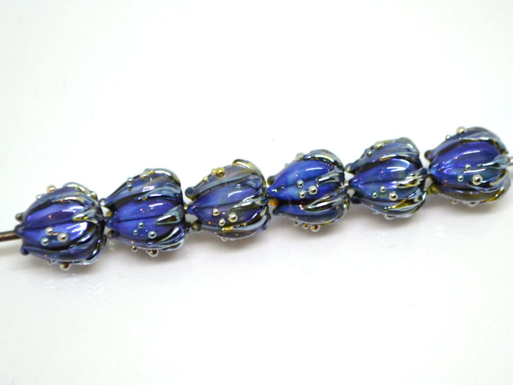 Blue black flower glass beads, Artisan lampwork floral beads, 10mm flower beads, space beads, Floral lampwork, Black flower blue silver