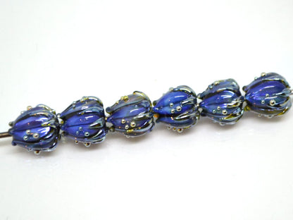 Blue black flower glass beads, Artisan lampwork floral beads, 10mm flower beads, space beads, Floral lampwork, Black flower blue silver