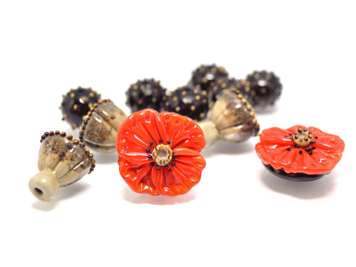 lampwork bead set Red flower glass bead  Floral Lampwork seed box bead artisan lampwork handmade red black bead jewelry making