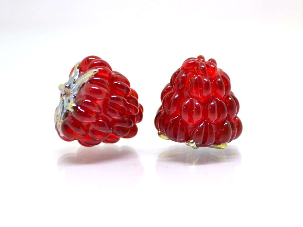 Red silver lampwork raspberry, Red glass berries, Gloss Lampwork beads, Berry glass beads, Lampwork Raspberries, Summer jewelry