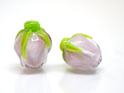 Pale pink flower bud beads, Jewelry glass beads, Blush pink floral lampwork, DIY earrings, Spring lampwork, Flower lampwork beads