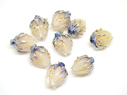 White opaque flower beads, White purple gold lampwork beads, Floral lampwork, White milk beads