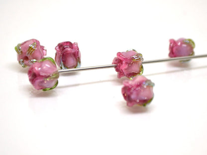 Pink wine 8mm rosebud beads, Pink Floral lampwork, Rose beads, Flower glass beads, Earrings Flower Beads, Murano Beads, Jewelry making