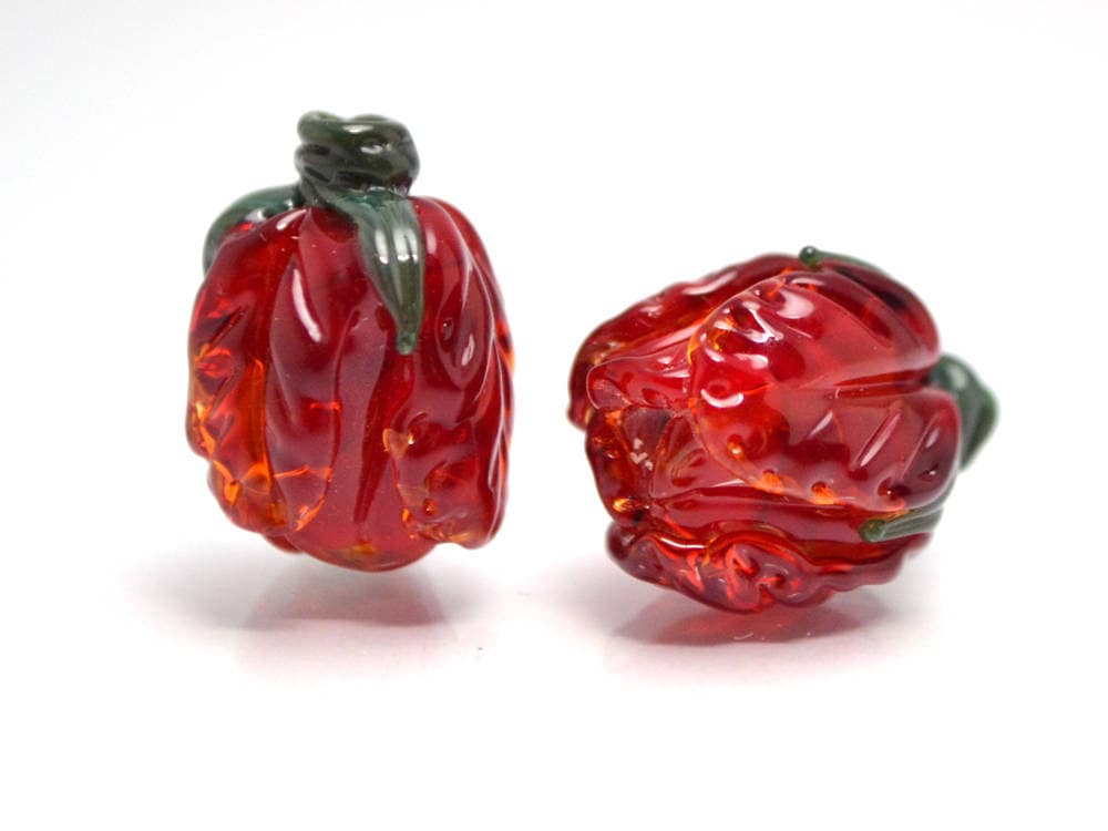 Handmade Flower Beads for earrings Floral Lampwork beads Red Glass Flower Crocus beads Marsala Sra lampwork beads Spring beads Transparent
