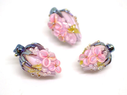 Glass flower bouquet on lampwork bud beads, Miniature glass flowers, Artisan lampwork, Light pink glass flower beads
