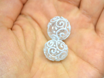 Clear hollow glass beads with blue curls, Artisan lampwork beads, Winter glass beads, Snow design beads, Snow jewelry making