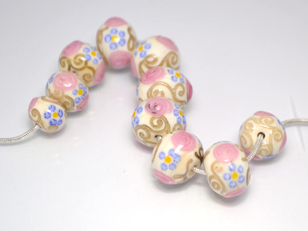 murano glass ivory lampwork ethnic beads jewelry making venetian italian handmade bead beige pink blue artisan lampwork round gold curles