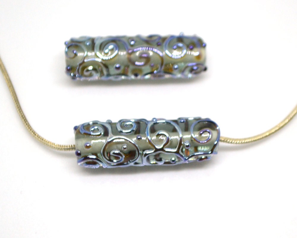 Gray lampwork tube bead, Silver mirror swirl transparent bead, Jewelry making supply, Artisan lampwork, Textured beads, Focal beads, Smoky