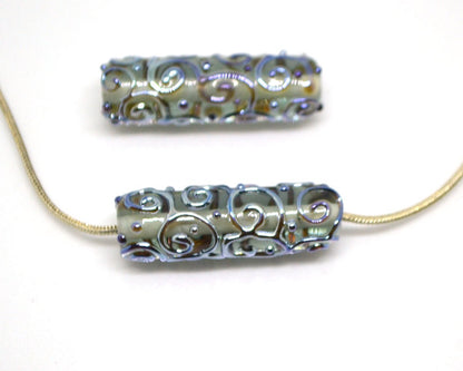 Gray lampwork tube bead, Silver mirror swirl transparent bead, Jewelry making supply, Artisan lampwork, Textured beads, Focal beads, Smoky