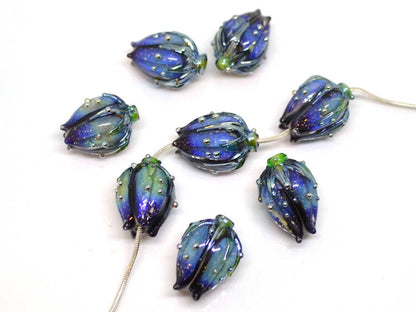 glitter blue glass beads dark blue purple sparkle bead bling beads stardust beads flower lampwork bead floral pendant sparkly dichroic glass