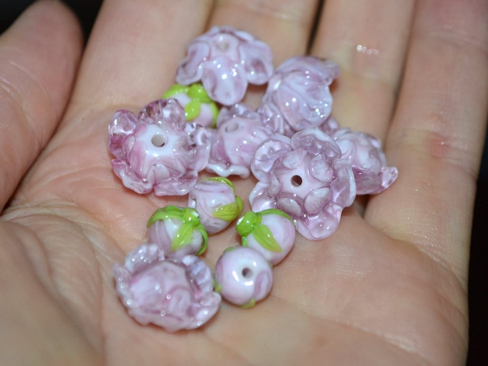 Lampwork peony beads, Glass flower beads, Pink floral beads, Handmade glass work, Focal lampwork, Lampwork Flower Bud Bead, SRA beads,Murano