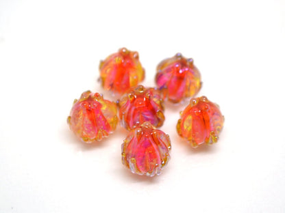 Orange silver flower beads, 7mm glass beads, Small flower beads, Netting pattern beads, Flower glass beads,Tiny glass bead,Artisan lampwork