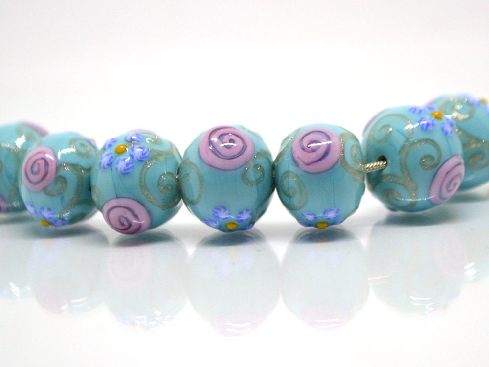 Sea Blue green Glass beads, Venetian Glass,  Vintage beads, Bohemian glass, Vintage jewelry, Beads for necklace, Artisan lampwork, flower