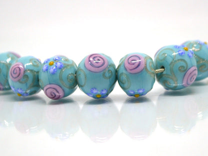 Sea Blue green Glass beads, Venetian Glass,  Vintage beads, Bohemian glass, Vintage jewelry, Beads for necklace, Artisan lampwork, flower