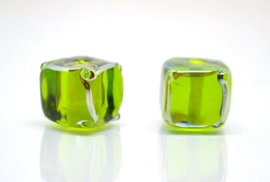 Salad green glass beads, Verdant green beads, Handmade green cube beads, Lampwork cube bead, Square lampwork bead, Geometry lampwork