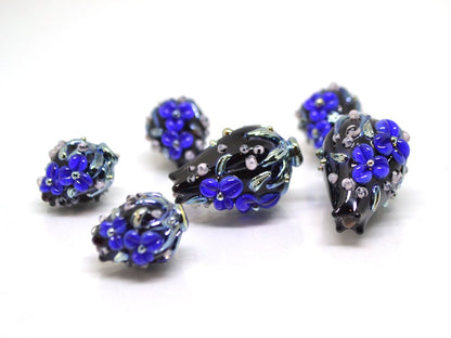 Black and Blue flower beads,  bouquet lampwork beads, Cobalt blue floral beads, Black blue silver beads, Beads for earrings,Artisan lampwork