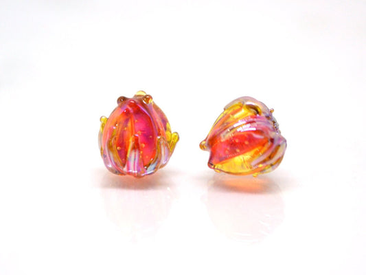 Orange silver flower beads, 7mm glass beads, Small flower beads, Netting pattern beads, Flower glass beads,Tiny glass bead,Artisan lampwork