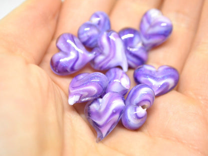 Purple sparkle heart beads, Lavender glass bead, Sparkling Lampwork Heart shape bead, Handmade Glass Heart charm beads, Half-drilled beads