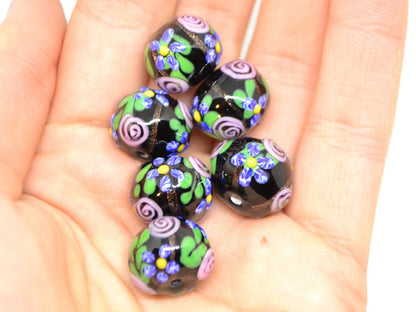 Ethnic black Glass beads, Venetian Glass, Vintage bead jewelry, Black pink glass beads, Artisan lampwork, flower, hutsul beads