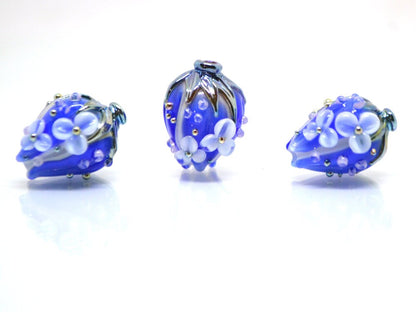 Cobalt flower bouquet lampwork beads, Sapphire lampwork beads, Artisan lampwork, 3d flower beads