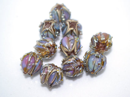 Purple gold glass beads, 10mm flower beads, Sparkle flower bead, Floral theme beads, Floral lampwork, Artisan lampwork, Lavender