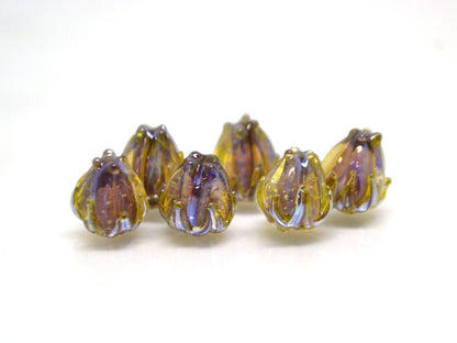 Purple green flower beads, Purple yellow floral beads, Netting pattern beads, 7mm glass beads, Tiny flower beads, Artisan lampwork beads