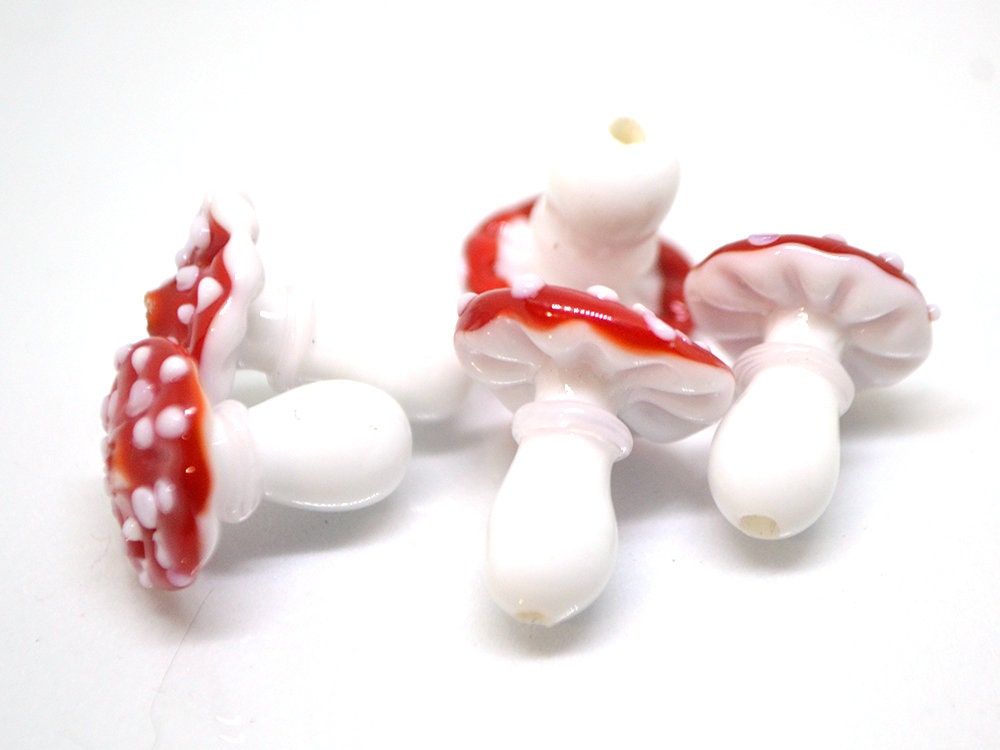 Handmade glass mushroom beads, Fly-agaric lampwork bead, Miniature Mushroom, Fall Decor, Glass Amanita bead, White mushroom beads, Forrest