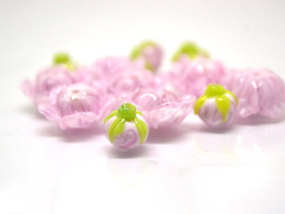 Lampwork peony beads, Glass flower beads, Pink floral beads, Handmade glass work, Focal lampwork, Lampwork Flower Bud Bead, SRA beads,Murano
