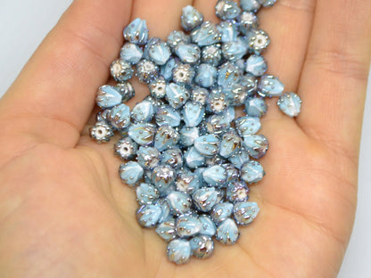 Very small 7mm pale blue and silver flower glass beads, Tiny flower beads,  Half drilled beads, Drilled Flowers