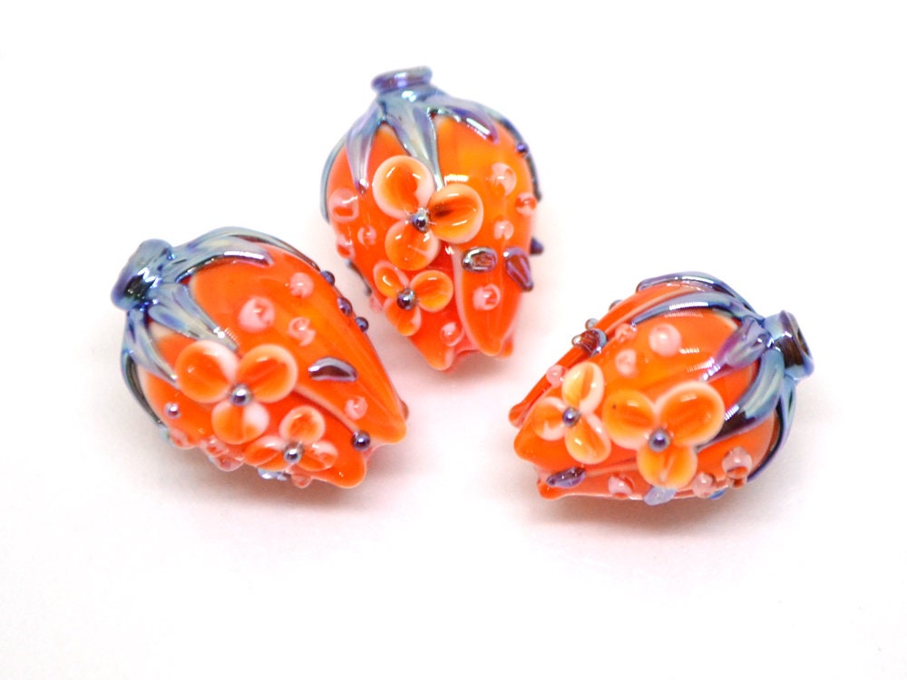 Orange silver flower bouquet lampwork beads, Bright lampwork beads, Artisan lampwork, SRA beads