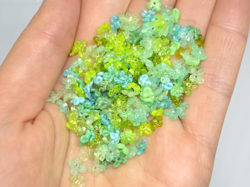 small flower beads green flowers for headband flowers tiara making mini glass flowers green glass flowers transparent frosted lampwork beads