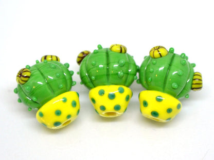 Lampwork cactus beads with yellow pot, Wilderness plants, Cactus yellow flower pendant, Succulent beads, Artisan lampwork
