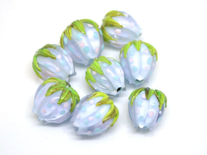 Pastel blue flower beads with colorful dots, Floral glass beads with green leaves, 12mm flower beads, Easter, Artisan lampwork