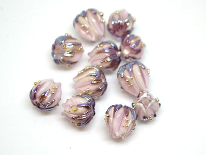 Pale pink glass flower beads purple leaves gold dew, Artisan lampwork, 10mm flower bead, Pastel pink, Floral glass beads, Flower spacer bead