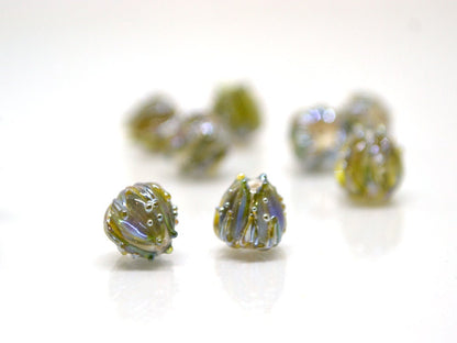Olive gold flower beads, 7mm glass beads, Small flower beads, Tea green floral beads, Tiny flower beads