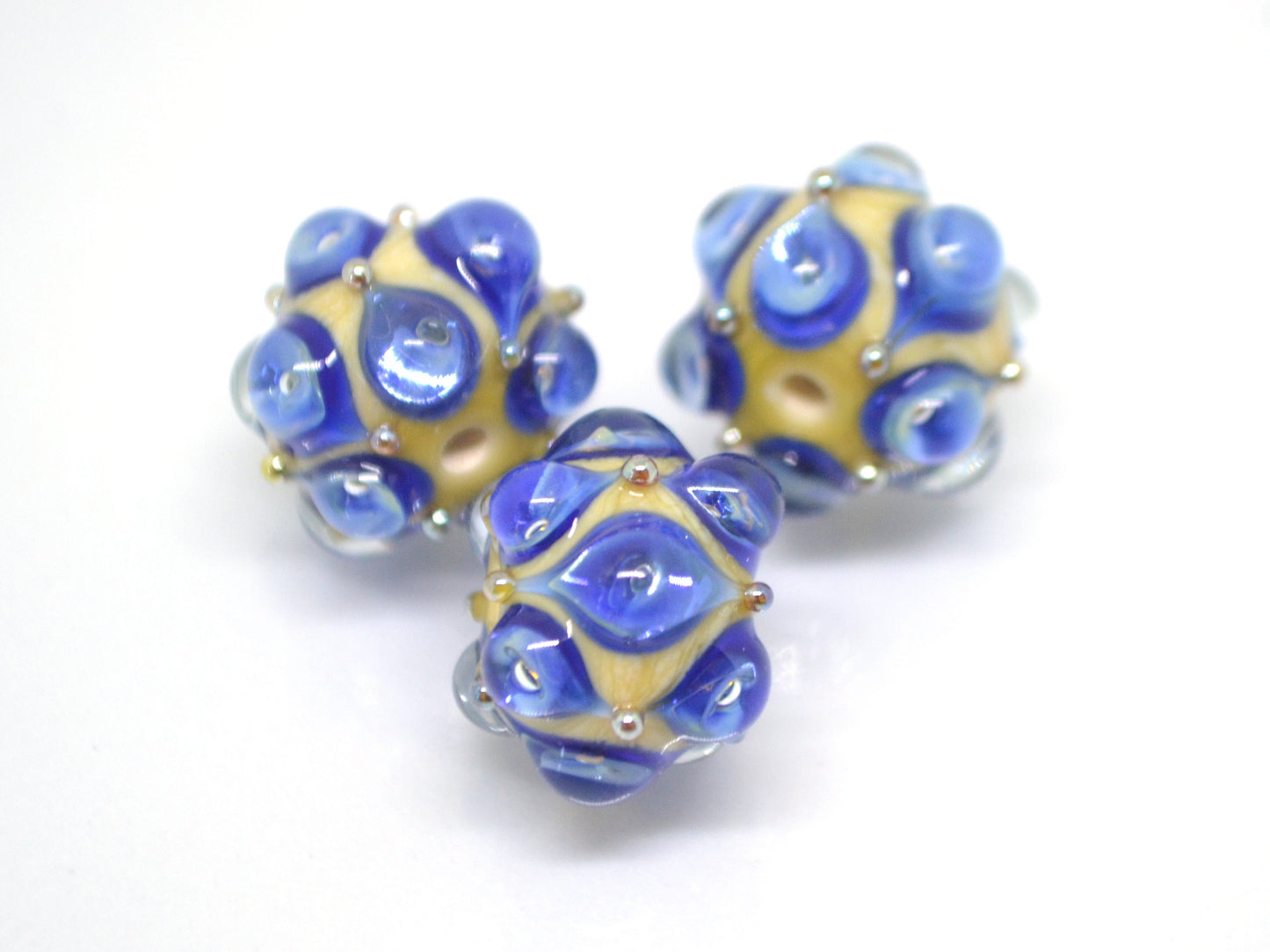 Blue beige handmade glass bead, 15 mm glass beads, Deep blue lampwork, Artisan lampwork, Beads for necklaces, Jewelry beads