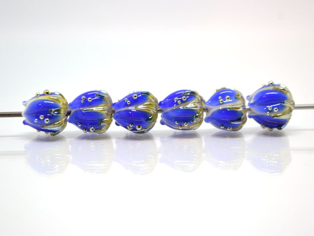 Dark blue bead with gold drops, 10mm Handmade Lampwork flower bead, Floral Lampwork, Cobalt blue beads, Jewelry supplies, Beads for crafts