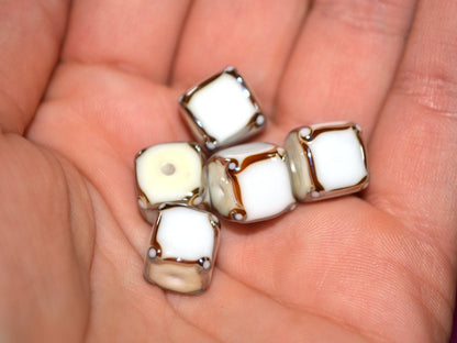 White silver square beads, White cube beads, White spacer beads, White lampwork beads, Geometric beads, cube beads 10mm, Artisan lampwork