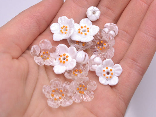 Handmade lampwork Beads Diphylleia Grayi Jewelry making Wedding set of beads Clear Floral beads Glass beads Artisan White and Clear Necklace