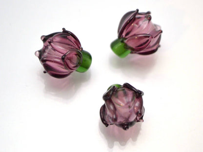 purple flower lampwork glass bud beads floral jewelry making set artisan lampwork earrings necklace violet amethyst transparent green