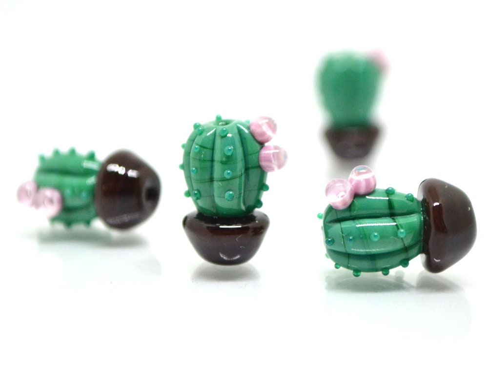 Glass cactus beads with pink flower, Dessert plants, Cactus flower in a pot pendant, Succulent beads