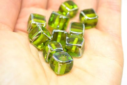 Salad green glass beads, Verdant green beads, Handmade green cube beads, Lampwork cube bead, Square lampwork bead, Geometry lampwork