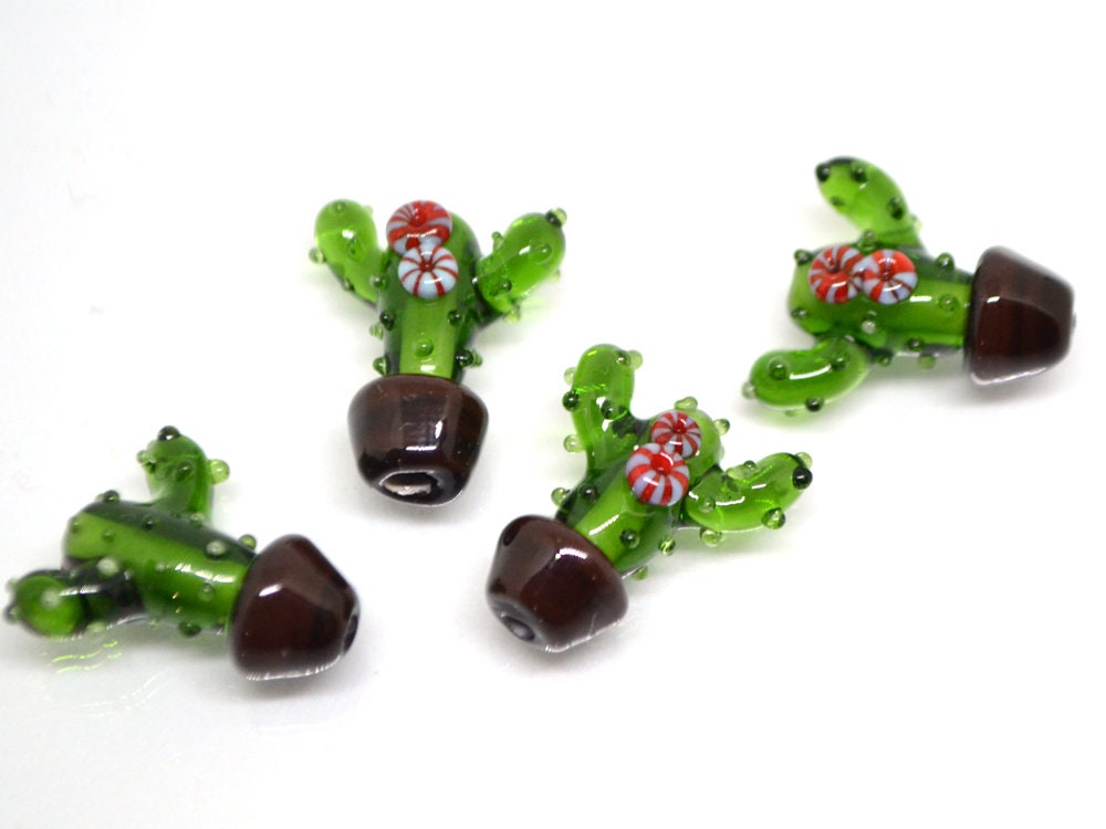 Glass cactus beads, Blooming cactus in a pot, Desert flower beads, Tequila beads, Artisan lampwork, Green flower beads