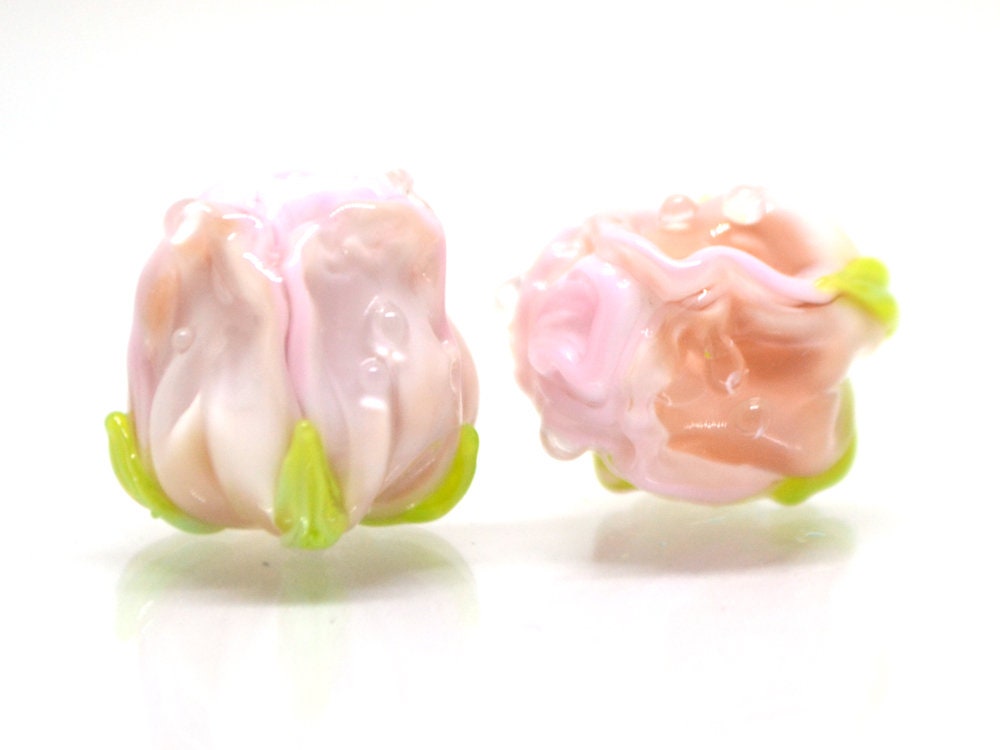 Pink powder rosebud beads, Blush pink floral lampwork, DIY Jewelry, Glass rose beads, Tender lampwork, SRA beads, Lampwork pair
