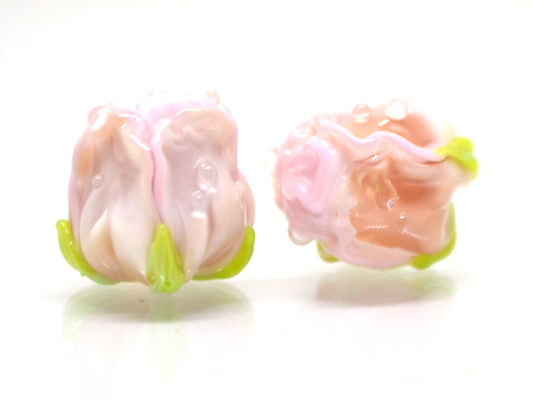 Pink powder rosebud beads, Blush pink floral lampwork, DIY Jewelry, Glass rose beads, Tender lampwork, SRA beads, Lampwork pair