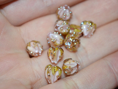 Pink gold floral beads, Peach bud flower beads, Tiny glass beads, Pastel pink 7mm flower beads, Artisan lampwork
