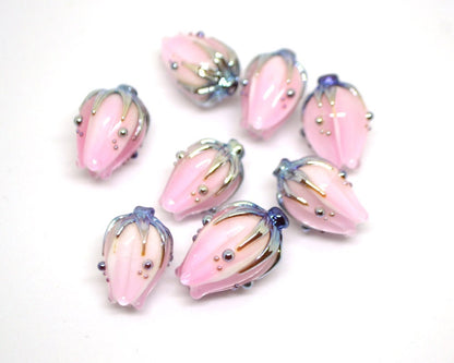 Milk pink and gold flower glass beads, Floral lampwork, Beads for jewelry, Artisan lampwork, Light pink beads, Handmade glass beads for you