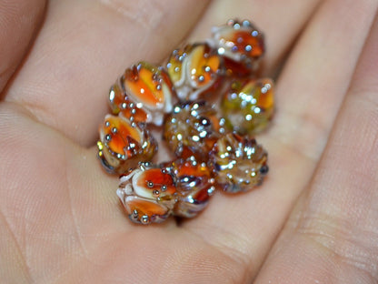 Tiny orange flower beads with gold leaves, Small glass beads, 7mm flower beads, beads for jewelry, Artisan lampwork